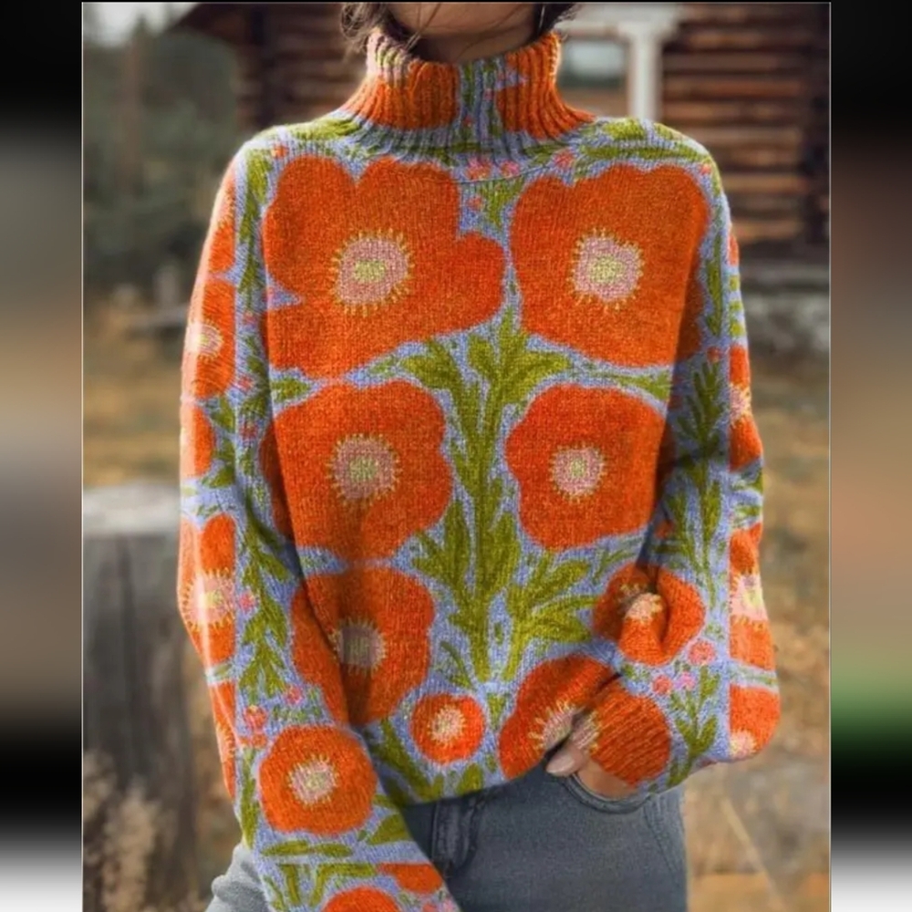 Women'S Chic Turtleneck Sweater - Long Sleeve Pullover with Floral pattern - Picture 2 of 2